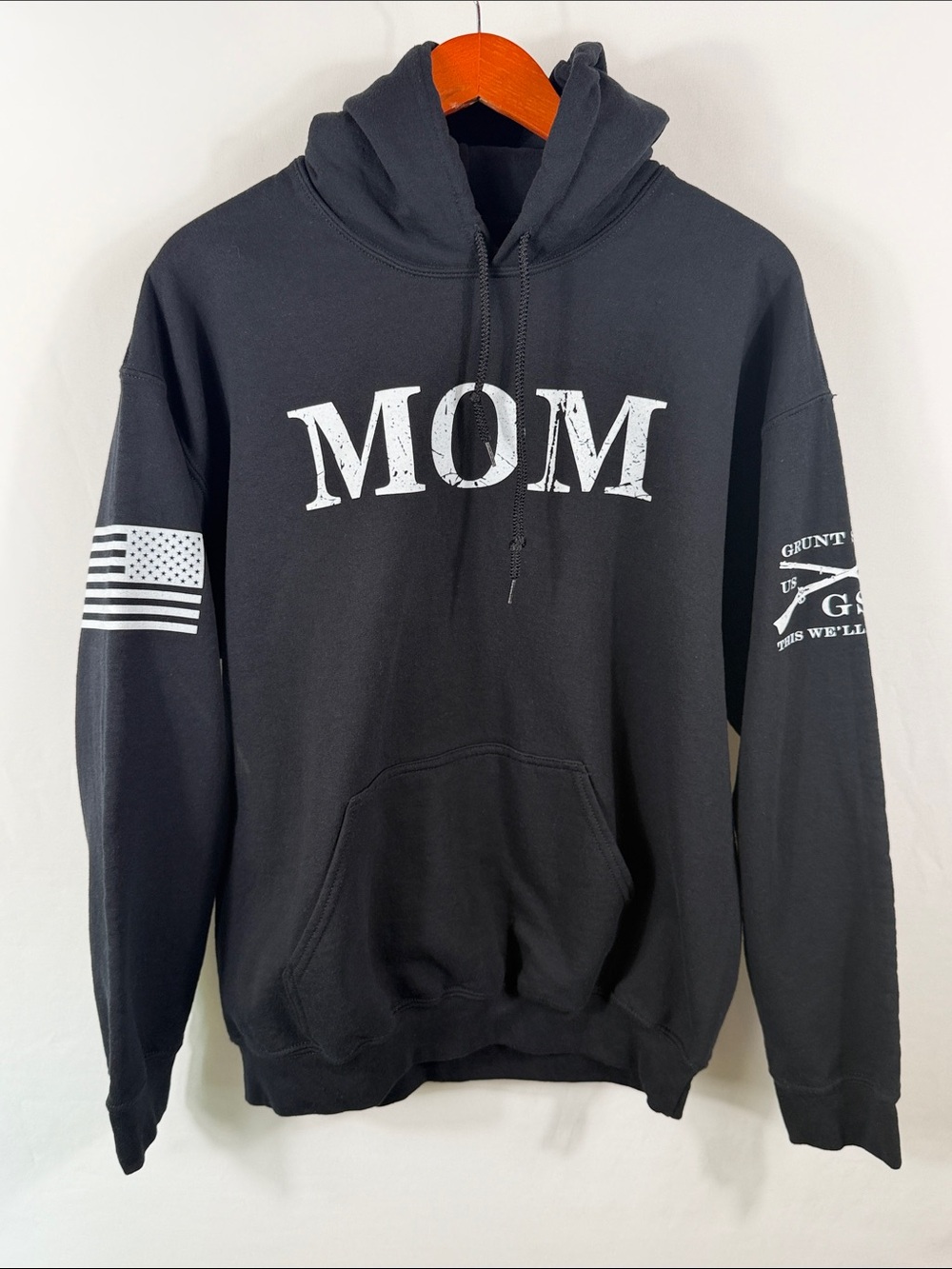 Grunt Style Black Crewneck Hoodie with White MOM Graphic. Womens Size L